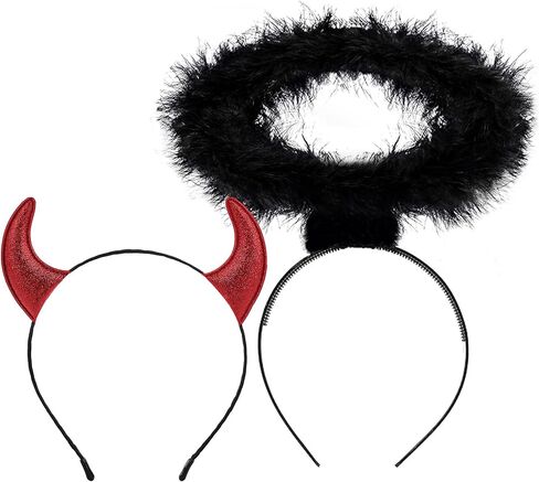مجموعة عصابة رأس U-Zomir Angel Halo & Devil Horn - ملاك ريش أبيض/أسود وقرن شيطان أحمر لامع، فستان تنكري فاخر للهالوين، عصابة شعر للعب الأدوار (ملاك أسود + قرن أحمر) in Kuwait