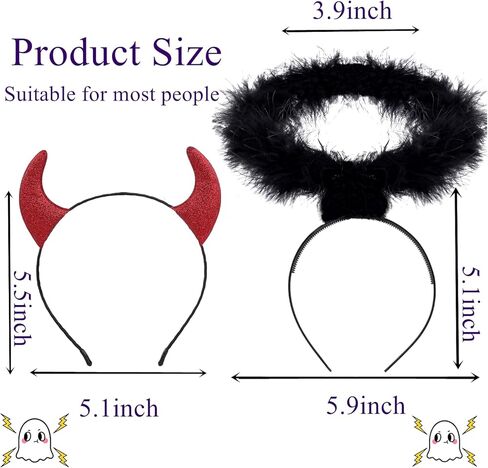 مجموعة عصابة رأس U-Zomir Angel Halo & Devil Horn - ملاك ريش أبيض/أسود وقرن شيطان أحمر لامع، فستان تنكري فاخر للهالوين، عصابة شعر للعب الأدوار (ملاك أسود + قرن أحمر) in Kuwait