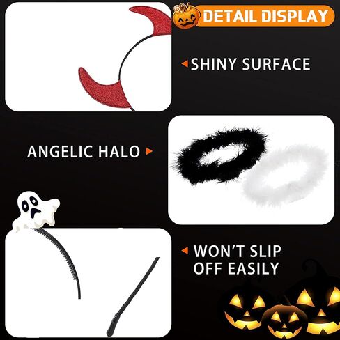 مجموعة عصابة رأس U-Zomir Angel Halo & Devil Horn - ملاك ريش أبيض/أسود وقرن شيطان أحمر لامع، فستان تنكري فاخر للهالوين، عصابة شعر للعب الأدوار (ملاك أسود + قرن أحمر) in Kuwait