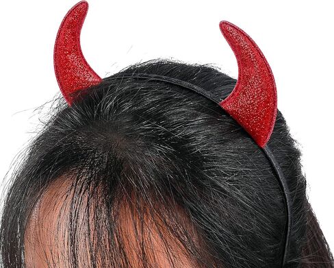 مجموعة عصابة رأس U-Zomir Angel Halo & Devil Horn - ملاك ريش أبيض/أسود وقرن شيطان أحمر لامع، فستان تنكري فاخر للهالوين، عصابة شعر للعب الأدوار (ملاك أسود + قرن أحمر) in Kuwait