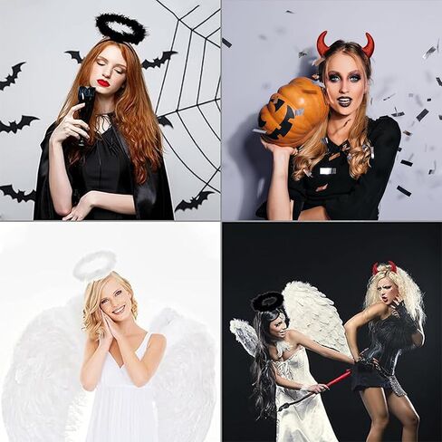 مجموعة عصابة رأس U-Zomir Angel Halo & Devil Horn - ملاك ريش أبيض/أسود وقرن شيطان أحمر لامع، فستان تنكري فاخر للهالوين، عصابة شعر للعب الأدوار (ملاك أسود + قرن أحمر) in Kuwait