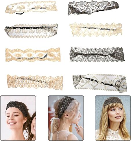 مينكسي 8 قطع من شريط راس مزين بالدانتيل، عصابات راس بيضاء للنساء، شريط راس مرن لطيف للنساء، شريط راس عريض من الدانتيل، شريط راس مطاطي انيق in Kuwait