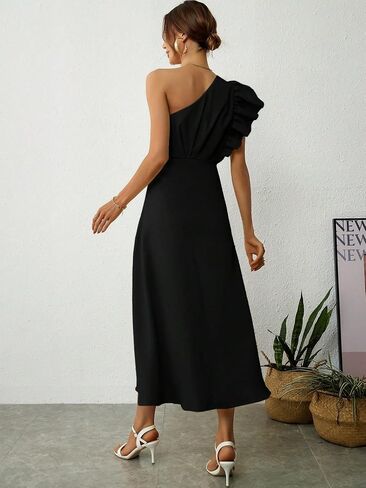 Floerns Women's Asymmetrical Neck Flounce Sleeve Ruffle Trim A Line Long Dress in Saudi Arabia