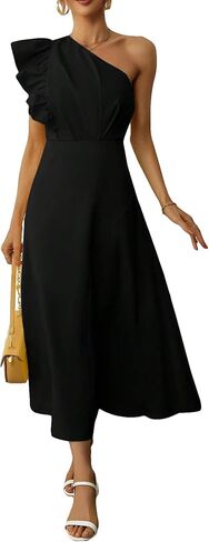 Floerns Women's Asymmetrical Neck Flounce Sleeve Ruffle Trim A Line Long Dress in Saudi Arabia