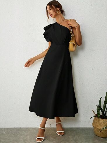 Floerns Women's Asymmetrical Neck Flounce Sleeve Ruffle Trim A Line Long Dress in Saudi Arabia