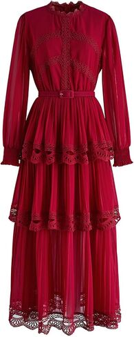 CHICWISH Women's Black/Burgundy/Red/Yellow Crochet Lace Pleated Tiered Chiffon Maxi Dress in Saudi Arabia