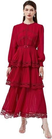 CHICWISH Women's Black/Burgundy/Red/Yellow Crochet Lace Pleated Tiered Chiffon Maxi Dress in Saudi Arabia