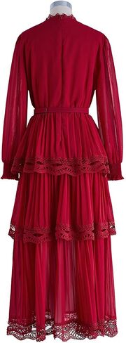 CHICWISH Women's Black/Burgundy/Red/Yellow Crochet Lace Pleated Tiered Chiffon Maxi Dress in Saudi Arabia