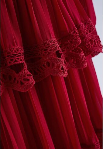 CHICWISH Women's Black/Burgundy/Red/Yellow Crochet Lace Pleated Tiered Chiffon Maxi Dress in Saudi Arabia