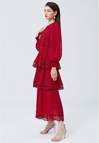 CHICWISH Women's Black/Burgundy/Red/Yellow Crochet Lace Pleated Tiered Chiffon Maxi Dress in Saudi Arabia