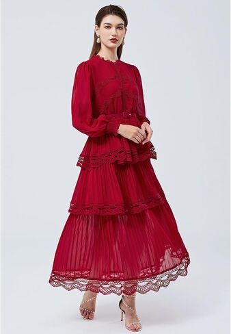 CHICWISH Women's Black/Burgundy/Red/Yellow Crochet Lace Pleated Tiered Chiffon Maxi Dress in Saudi Arabia