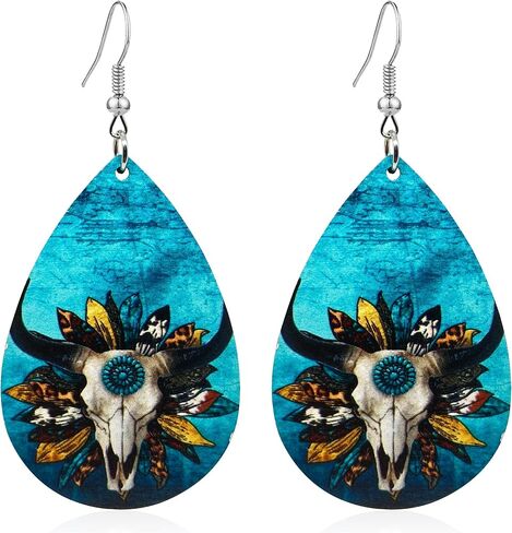 KaFu 4 Pairs Western Cowgirl Cowboy Earrings Boho Vintage Wood Teardrop Dangle Earrings for Women Girls Turquoise Print Earrings in Saudi Arabia