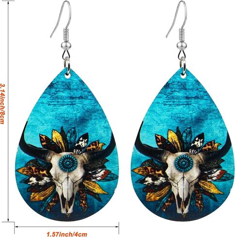 KaFu 4 Pairs Western Cowgirl Cowboy Earrings Boho Vintage Wood Teardrop Dangle Earrings for Women Girls Turquoise Print Earrings in Saudi Arabia