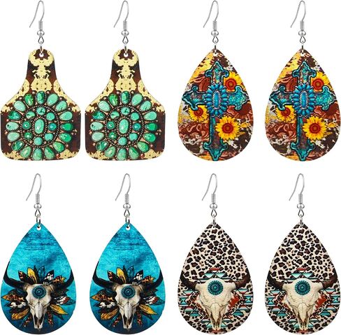 KaFu 4 Pairs Western Cowgirl Cowboy Earrings Boho Vintage Wood Teardrop Dangle Earrings for Women Girls Turquoise Print Earrings in Saudi Arabia