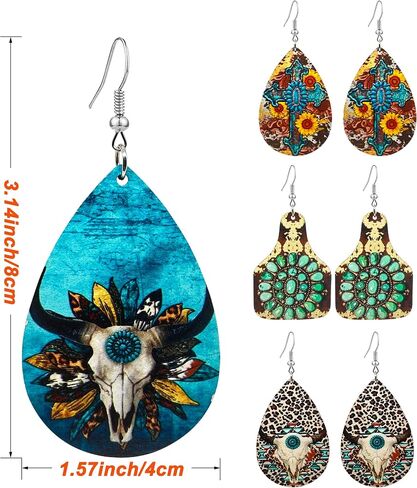 KaFu 4 Pairs Western Cowgirl Cowboy Earrings Boho Vintage Wood Teardrop Dangle Earrings for Women Girls Turquoise Print Earrings in Saudi Arabia