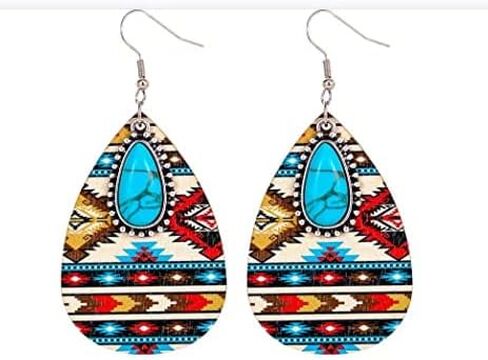 Western Cowgirl Wooden Earrings Set Bohemian Aztec Pattern Turquoise Earrings Vintage Handmade Wood Teardrop Dangle Earrings for Women Girls in Saudi Arabia