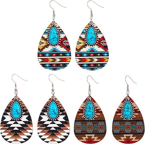 Western Cowgirl Wooden Earrings Set Bohemian Aztec Pattern Turquoise Earrings Vintage Handmade Wood Teardrop Dangle Earrings for Women Girls in Saudi Arabia