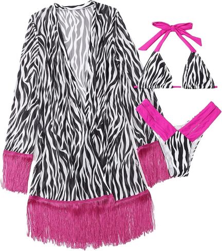 WDIRARA Women's 3 Piece Zebra Print Halter High Cut Triangle String Bikini Set with Kimono in Saudi Arabia