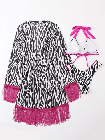 WDIRARA Women's 3 Piece Zebra Print Halter High Cut Triangle String Bikini Set with Kimono in Saudi Arabia