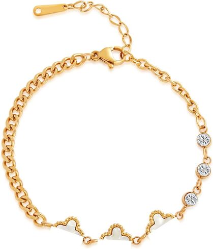 سوار FIORICASA Gold Lucky Four Leaf Clover للنساء، من الفولاذ المقاوم للصدأ مطلي بالذهب عيار 18 قيراط، قابل للتعديل (3 البرسيم والزركونيا المكعبة) in Kuwait