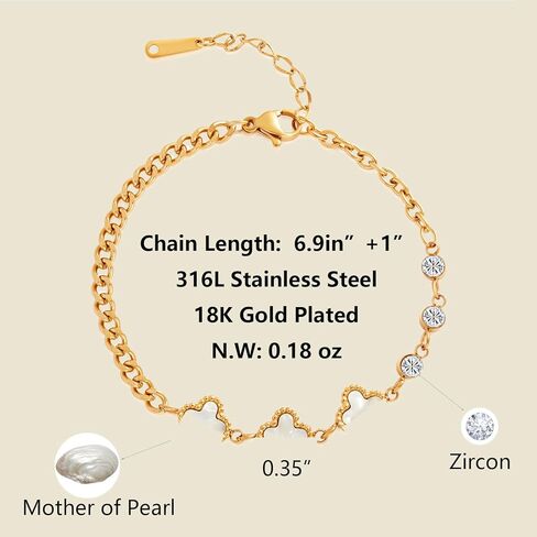 سوار FIORICASA Gold Lucky Four Leaf Clover للنساء، من الفولاذ المقاوم للصدأ مطلي بالذهب عيار 18 قيراط، قابل للتعديل (3 البرسيم والزركونيا المكعبة) in Kuwait