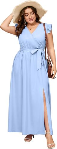 Women Plus Size Wrap V Neck Maxi Dress Sleeveless High Waist Side Split Summer Casual Dress with Belt in Saudi Arabia