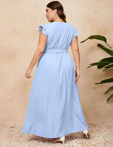 Women Plus Size Wrap V Neck Maxi Dress Sleeveless High Waist Side Split Summer Casual Dress with Belt in Saudi Arabia