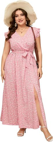 Women Plus Size Wrap V Neck Maxi Dress Sleeveless High Waist Side Split Summer Casual Dress with Belt in Saudi Arabia