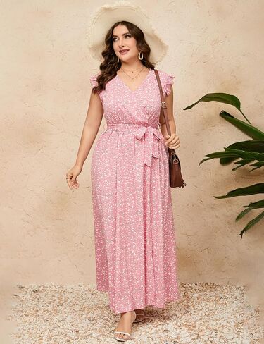 Women Plus Size Wrap V Neck Maxi Dress Sleeveless High Waist Side Split Summer Casual Dress with Belt in Saudi Arabia
