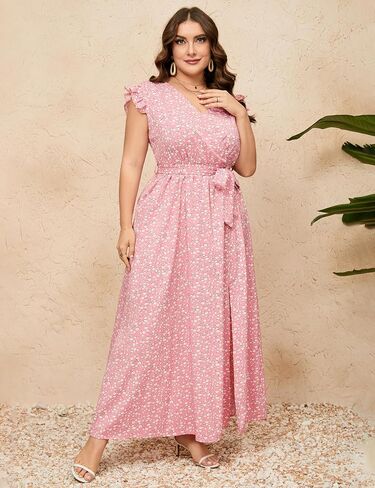 Women Plus Size Wrap V Neck Maxi Dress Sleeveless High Waist Side Split Summer Casual Dress with Belt in Saudi Arabia