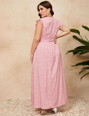 Women Plus Size Wrap V Neck Maxi Dress Sleeveless High Waist Side Split Summer Casual Dress with Belt in Saudi Arabia