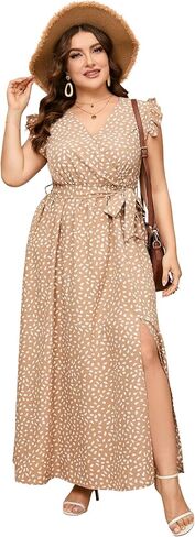 Women Plus Size Wrap V Neck Maxi Dress Sleeveless High Waist Side Split Summer Casual Dress with Belt in Saudi Arabia