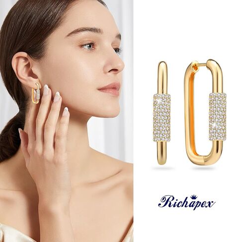 Richapex Gold Hoop Earrings for Women 18K Gold Plated Trendy Small Hoop Earrings Hypoallergenic Rectangle Thick Earrings with Cubic Zirconia in Saudi Arabia