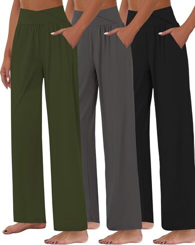 Kivdol 3Pack Women's Wide Leg Casual Loose Pants Yoga Sweatpants Comfy Crossover High Waisted Lounge Pajama Flowy Pants with Pockets in Saudi Arabia