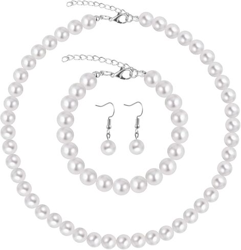 AOOVOO Pearl Necklace and Earring Set 6,8,10mm Round Simulated Shell White Pearl Necklace Set Includes Stunning Bracelet and Dangle Earrings 3 Piece, Faux Pearl Jewelry Set for Women Girls in Kuwait