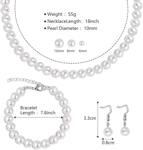 AOOVOO Pearl Necklace and Earring Set 6,8,10mm Round Simulated Shell White Pearl Necklace Set Includes Stunning Bracelet and Dangle Earrings 3 Piece, Faux Pearl Jewelry Set for Women Girls in Kuwait