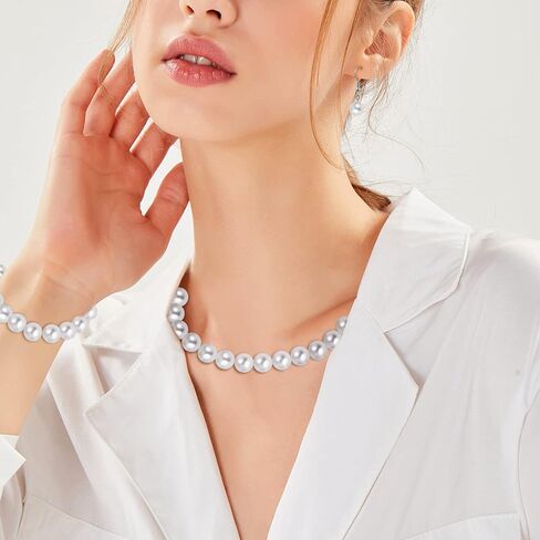 AOOVOO Pearl Necklace and Earring Set 6,8,10mm Round Simulated Shell White Pearl Necklace Set Includes Stunning Bracelet and Dangle Earrings 3 Piece, Faux Pearl Jewelry Set for Women Girls in Kuwait