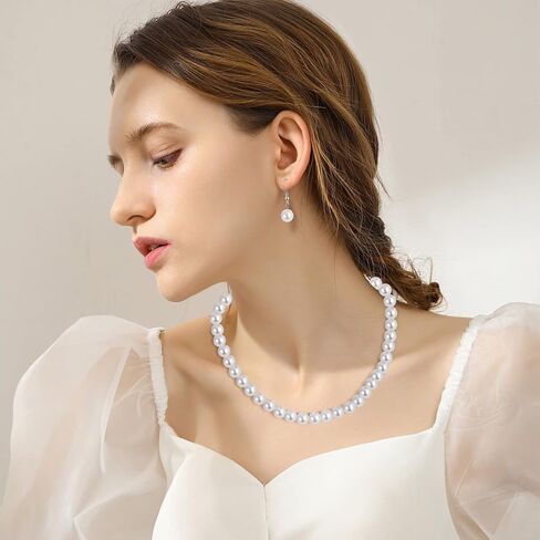 AOOVOO Pearl Necklace and Earring Set 6,8,10mm Round Simulated Shell White Pearl Necklace Set Includes Stunning Bracelet and Dangle Earrings 3 Piece, Faux Pearl Jewelry Set for Women Girls in Kuwait