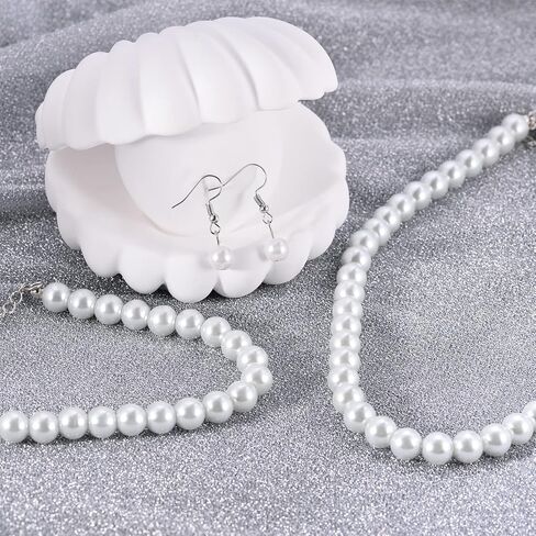 AOOVOO Pearl Necklace and Earring Set 6,8,10mm Round Simulated Shell White Pearl Necklace Set Includes Stunning Bracelet and Dangle Earrings 3 Piece, Faux Pearl Jewelry Set for Women Girls in Kuwait