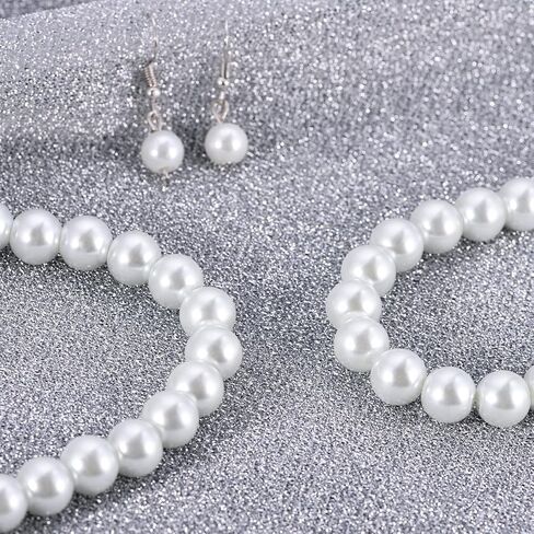 AOOVOO Pearl Necklace and Earring Set 6,8,10mm Round Simulated Shell White Pearl Necklace Set Includes Stunning Bracelet and Dangle Earrings 3 Piece, Faux Pearl Jewelry Set for Women Girls in Kuwait