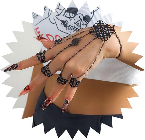سوار سلسلة بشراشيب بطبقات من دبليو زد ان بي بوي مع خاتم اصبع، سلسلة قوطية قابلة للتعديل، سوار حلقي مفتوح قابل للتعديل، سوار يدوي للهالوين والحفلات التنكرية للنساء in Kuwait