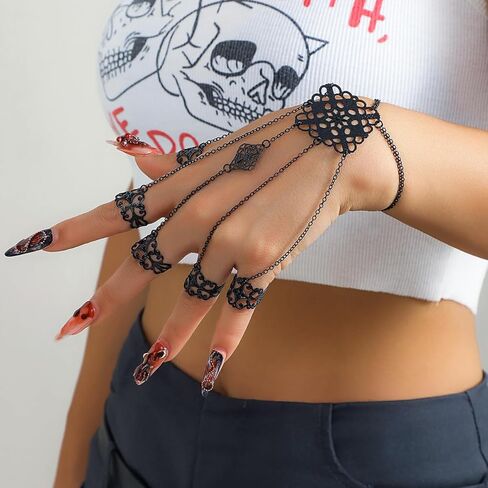سوار سلسلة بشراشيب بطبقات من دبليو زد ان بي بوي مع خاتم اصبع، سلسلة قوطية قابلة للتعديل، سوار حلقي مفتوح قابل للتعديل، سوار يدوي للهالوين والحفلات التنكرية للنساء in Kuwait