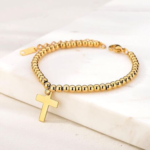 Ladies Gold Bead Bracelet, 14K Gold-Plated Gold Bead Chain with Cross and (2.16 inches) Adjustable Tail Chain in Saudi Arabia