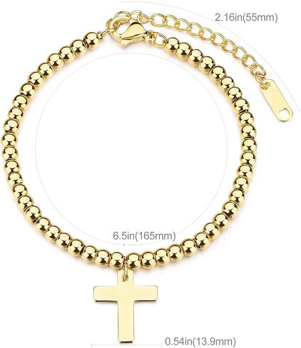 Ladies Gold Bead Bracelet, 14K Gold-Plated Gold Bead Chain with Cross and (2.16 inches) Adjustable Tail Chain in Saudi Arabia