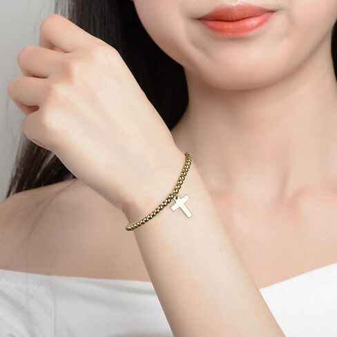 Ladies Gold Bead Bracelet, 14K Gold-Plated Gold Bead Chain with Cross and (2.16 inches) Adjustable Tail Chain in Saudi Arabia