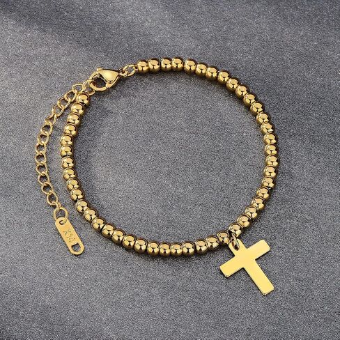 Ladies Gold Bead Bracelet, 14K Gold-Plated Gold Bead Chain with Cross and (2.16 inches) Adjustable Tail Chain in Saudi Arabia