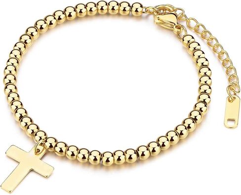 Ladies Gold Bead Bracelet, 14K Gold-Plated Gold Bead Chain with Cross and (2.16 inches) Adjustable Tail Chain in Saudi Arabia
