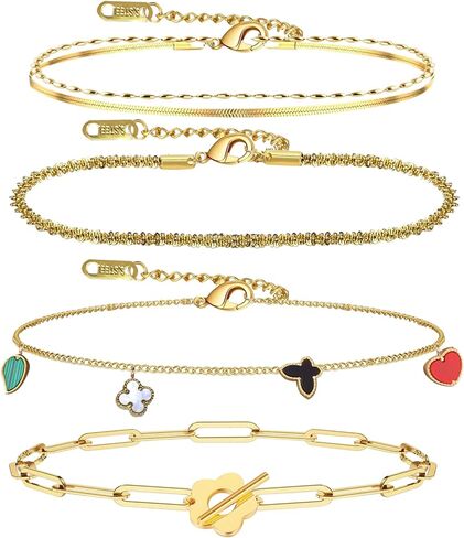 Gold Bracelets for Women Waterproof,18k Gold Plated Dainty Bracelets Set,Layered Chain &Paperclip Bracelets,Cute Stackable Adjustable Trendy Link Bracelets,Women Girls Jewelry Gifts in Kuwait