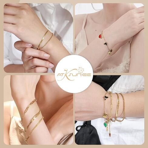 Gold Bracelets for Women Waterproof,18k Gold Plated Dainty Bracelets Set,Layered Chain &Paperclip Bracelets,Cute Stackable Adjustable Trendy Link Bracelets,Women Girls Jewelry Gifts in Kuwait