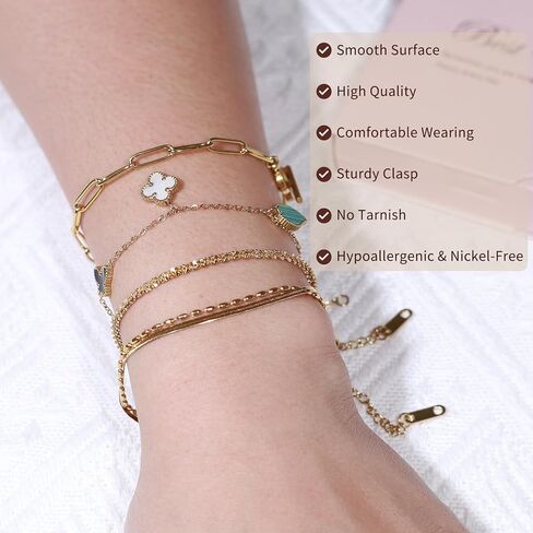 Gold Bracelets for Women Waterproof,18k Gold Plated Dainty Bracelets Set,Layered Chain &Paperclip Bracelets,Cute Stackable Adjustable Trendy Link Bracelets,Women Girls Jewelry Gifts in Kuwait